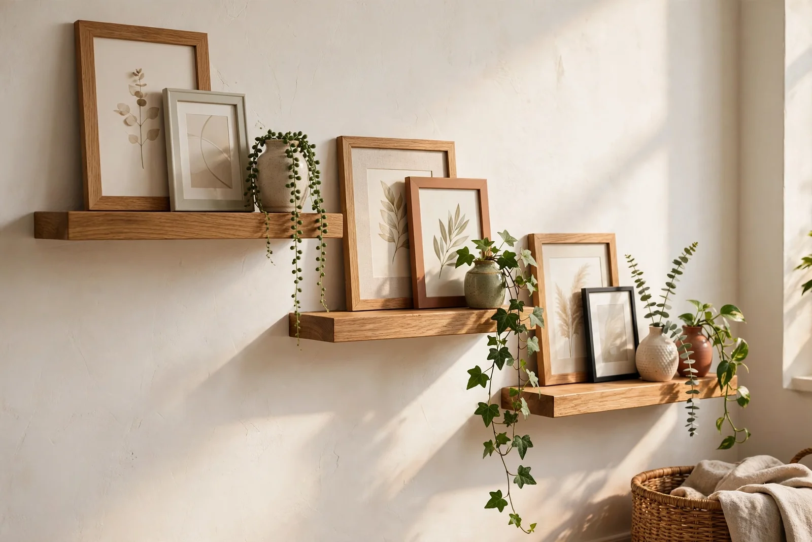 Staggered oak picture ledges styled with layered frames, ceramics and plants in a bright living room