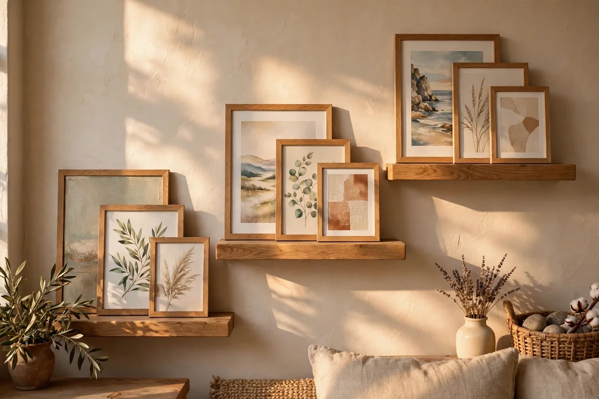 Staggered oak picture ledges with layered frames on a sunlit living room wall