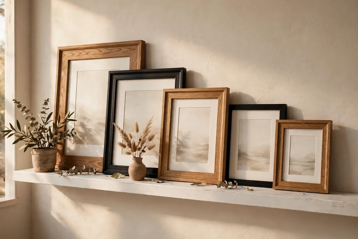 Frames descending in size along a long white picture ledge