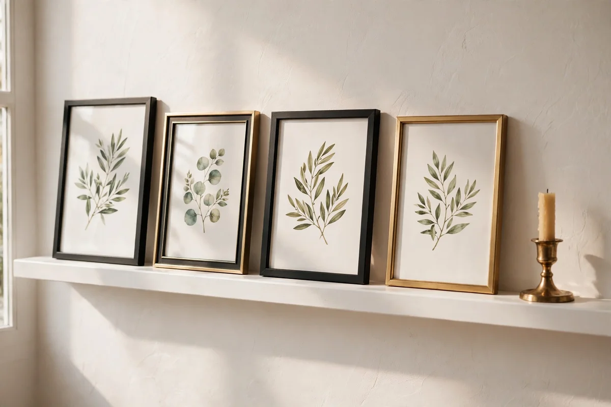 Black and brass-trimmed frames alternating on a white picture ledge