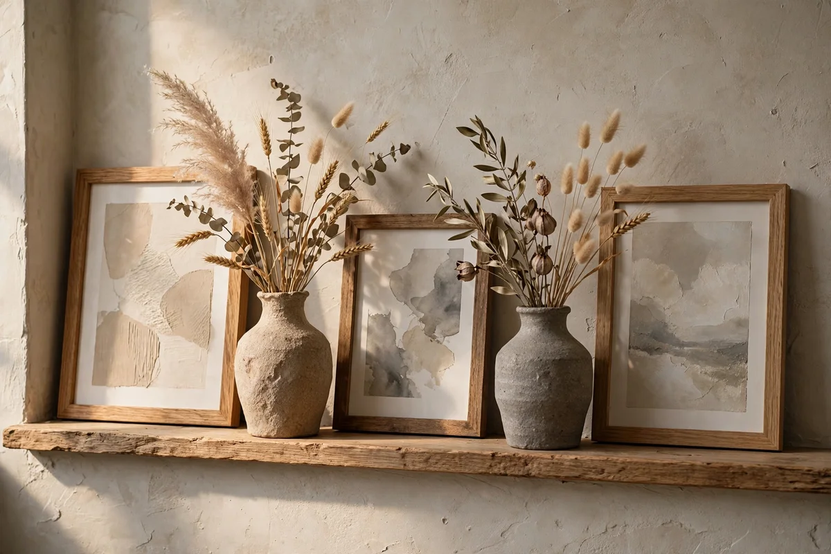 Ceramic vases breaking the line of frames on a picture ledge