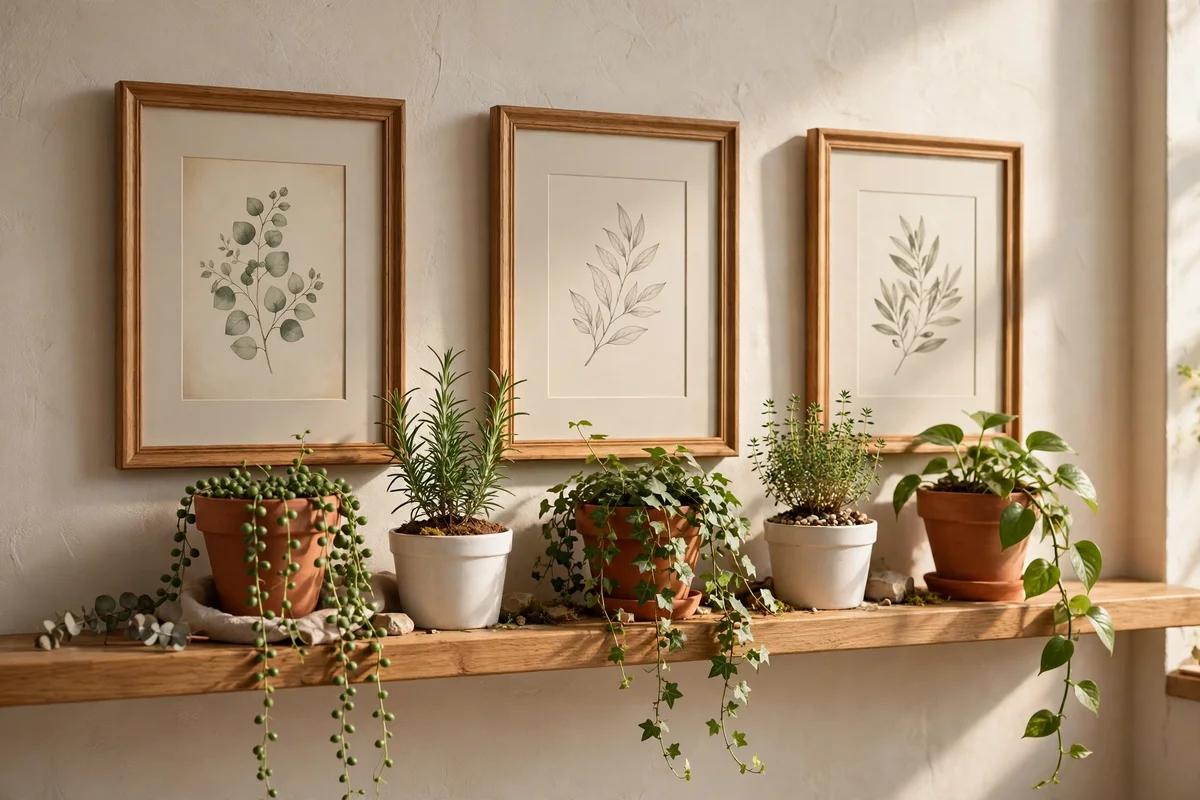 Small potted plants styled along a picture ledge between frames