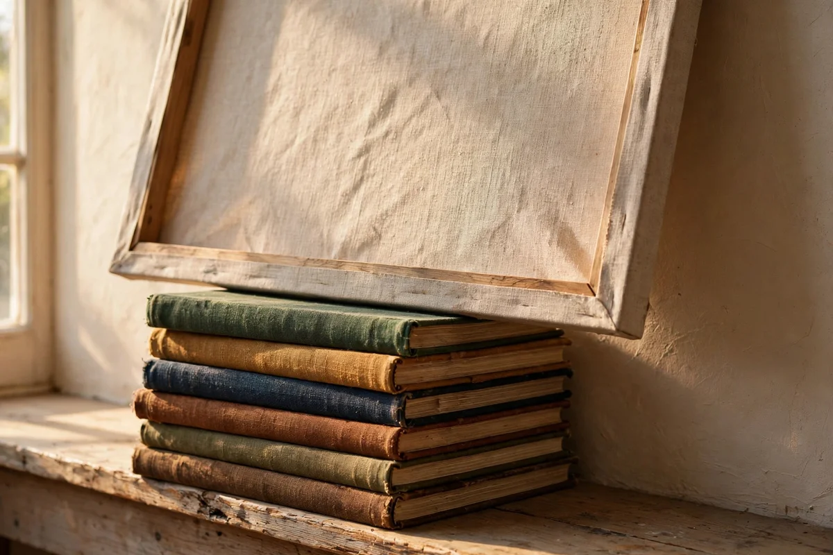 Large canvas leaning on stacked art books on a picture ledge