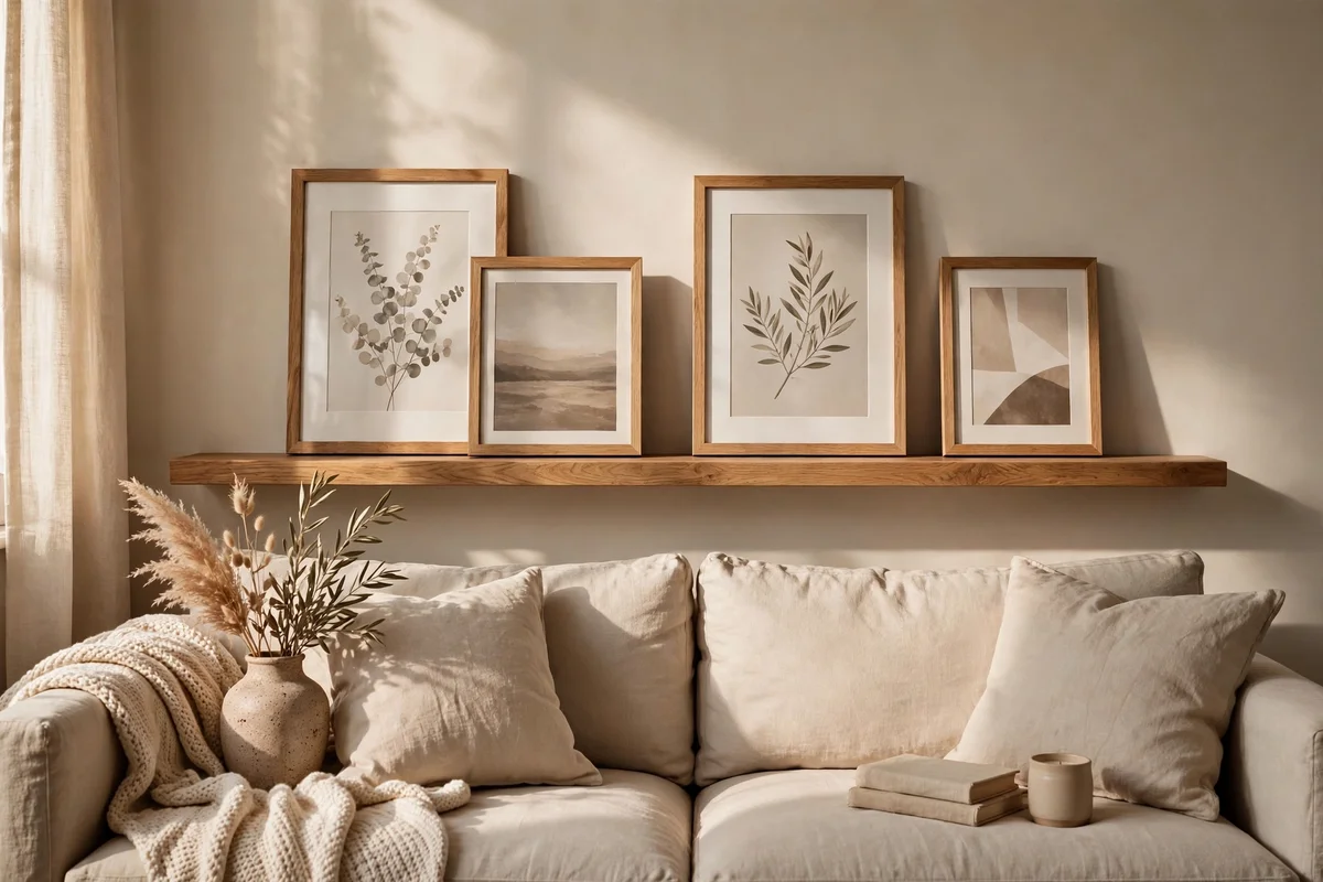Picture ledge with leaning frames mounted above a linen sofa