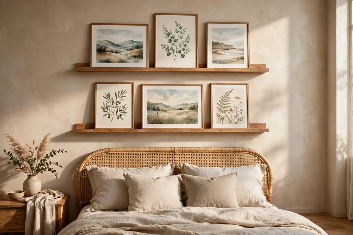 Double picture ledges with soft prints above a bedroom headboard