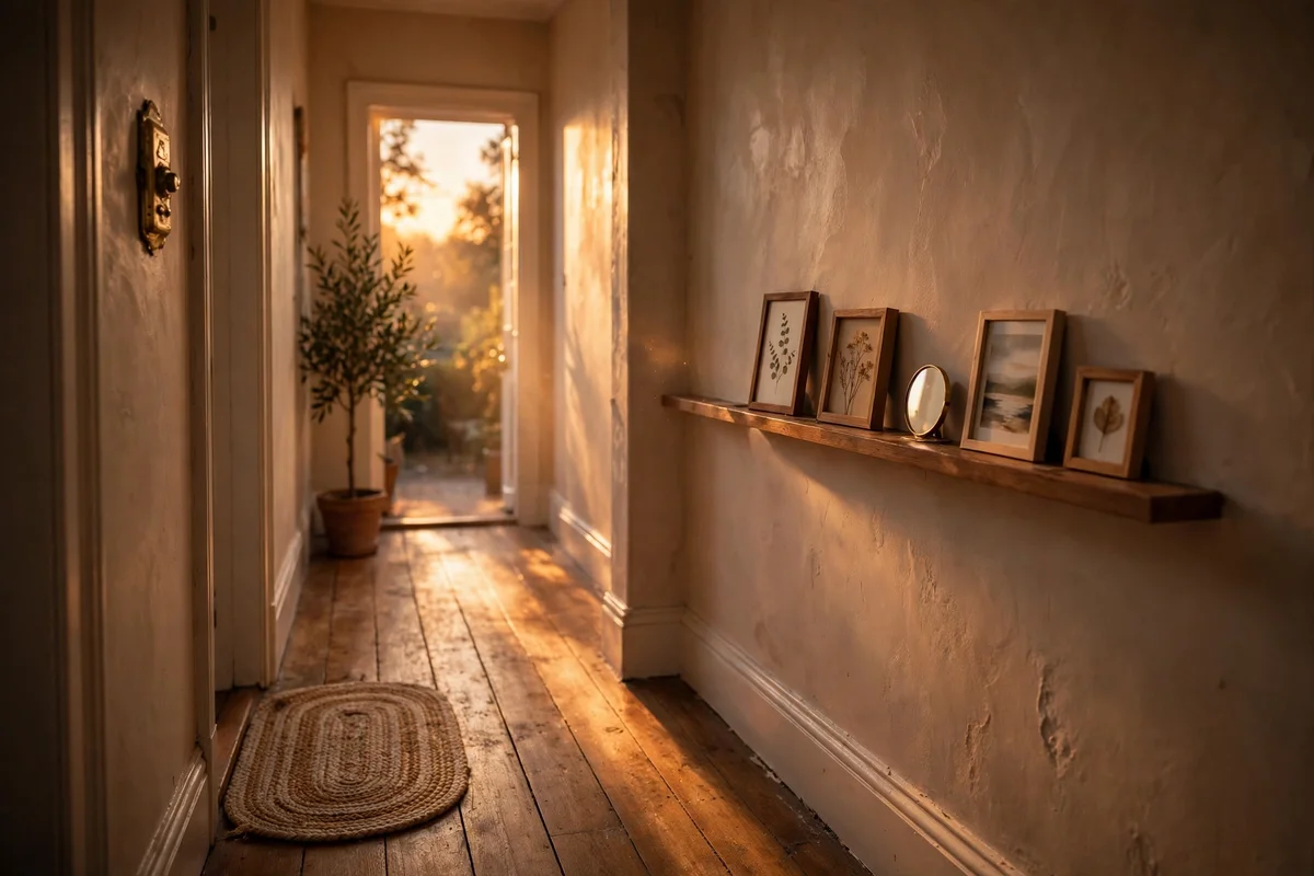 Slim picture ledge with small frames in a narrow hallway
