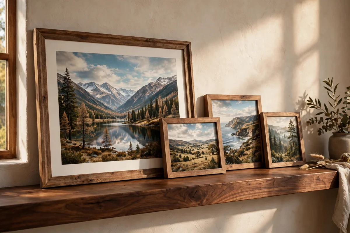 Large framed print leaning safely on a deep picture ledge