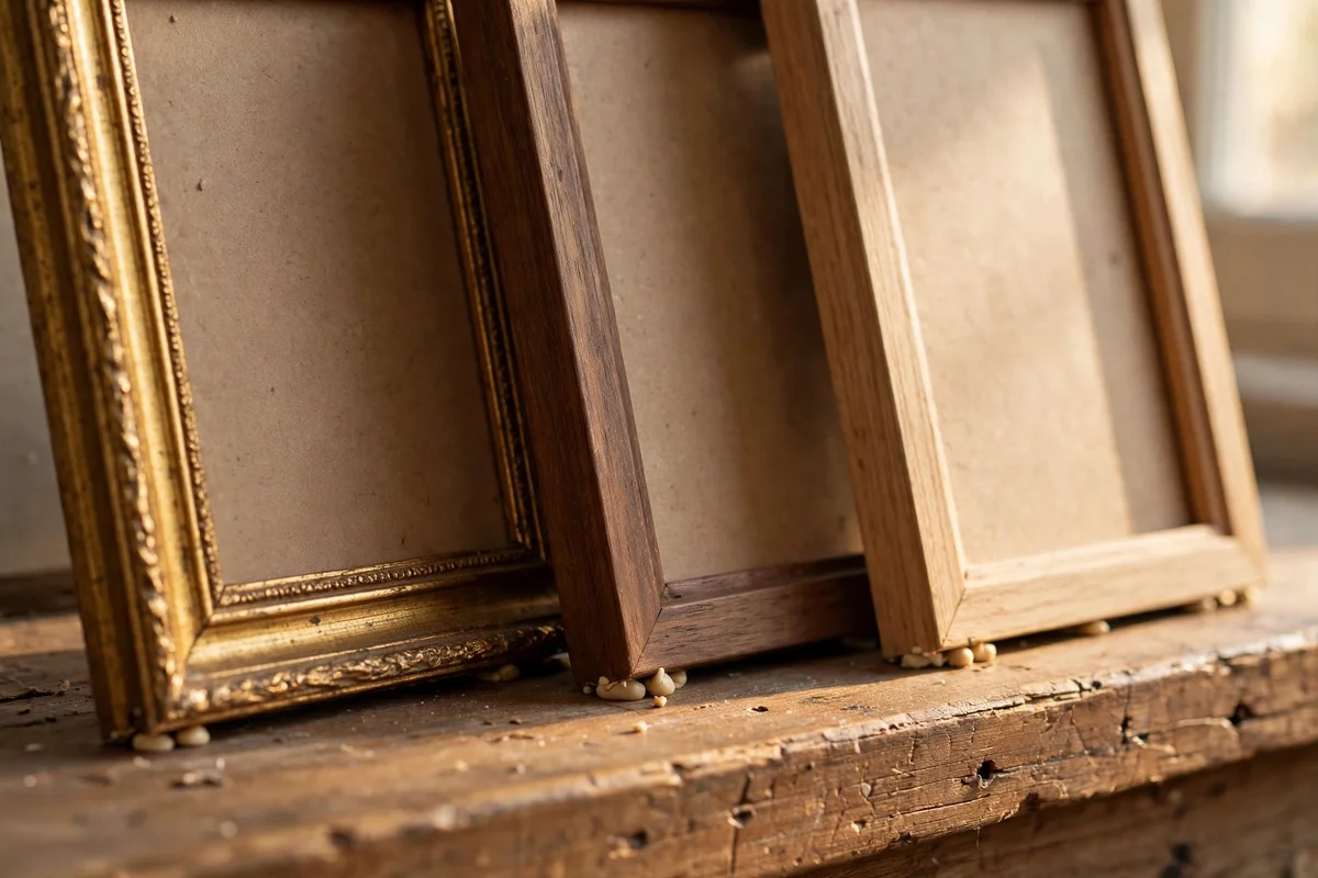 Museum putty securing leaning frames on a wooden picture ledge