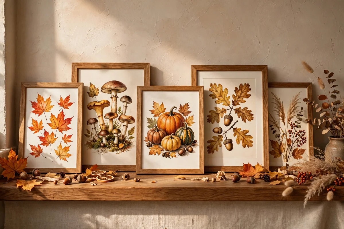 Seasonal art prints in autumn tones arranged on a picture ledge