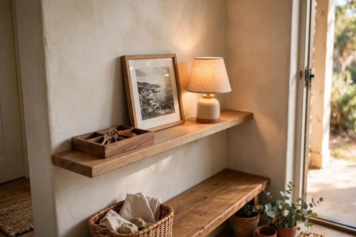 Entryway picture ledge with lamp, key tray and framed photo