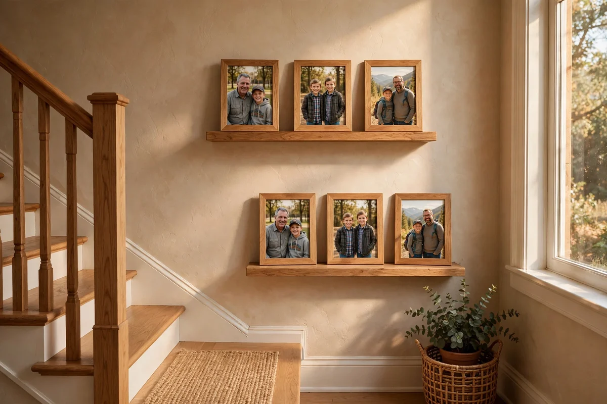 Two short picture ledges with family photos on a stairwell landing