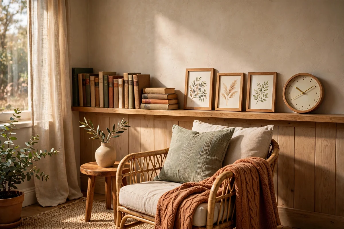 Bedroom reading corner picture ledge with books and a clock
