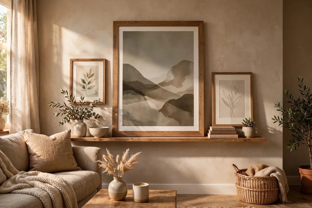 Oversized statement print anchoring a living room picture ledge
