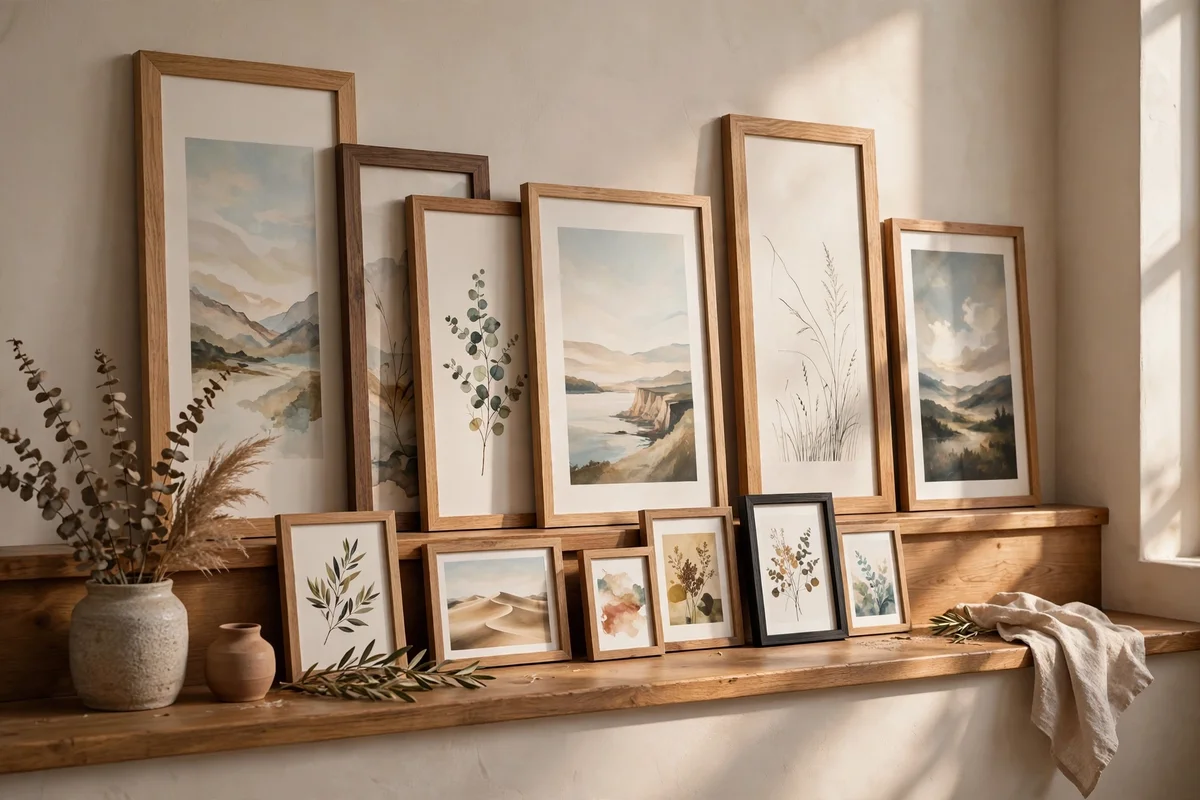 Two-tier picture ledge with tall and small frames together