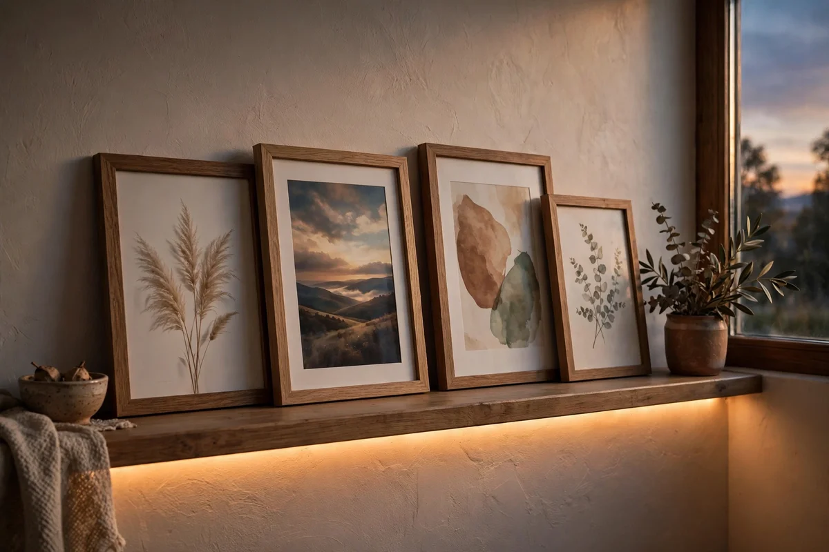 Warm LED strip glowing under a picture ledge at dusk