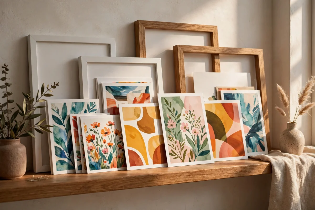 Neutral frames at the back with colourful art layered in front