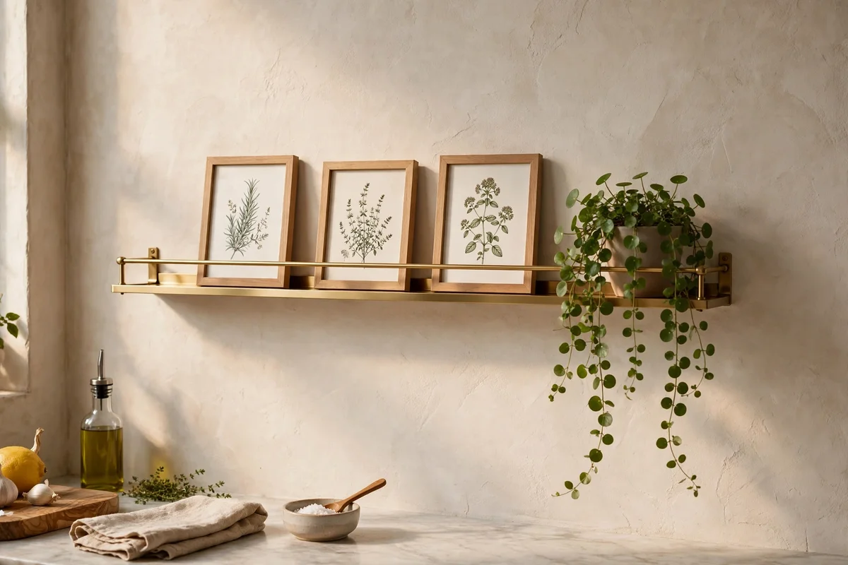 Slim brass picture ledge with recipe prints in a kitchen