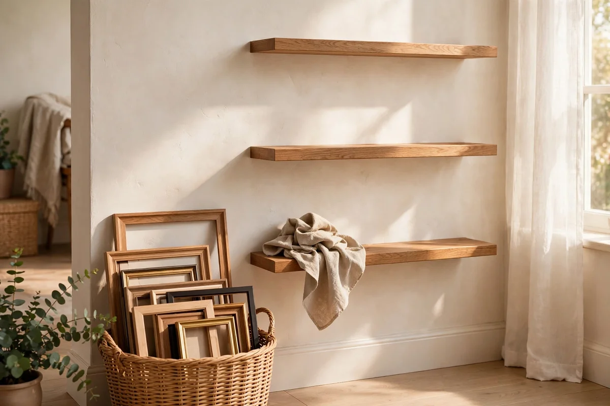 Freshly arranged picture ledges with a basket of frames nearby