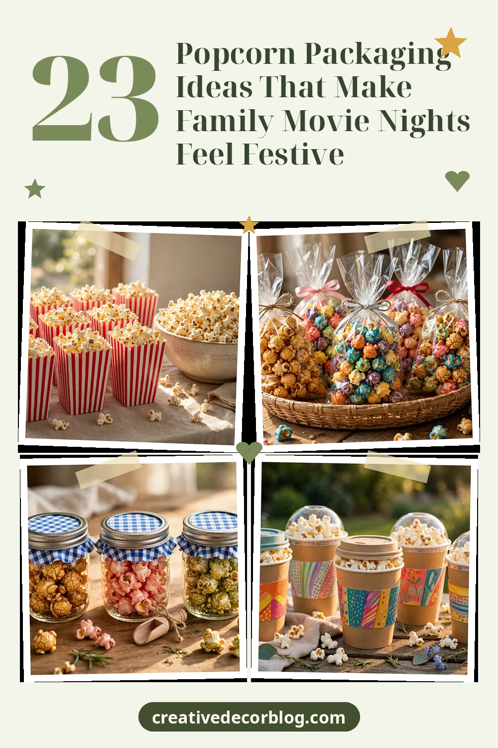 Pinterest pin with a grid of popcorn packaging photos and the title 23 Popcorn Packaging Ideas That Make Family Movie Nights Feel Festive