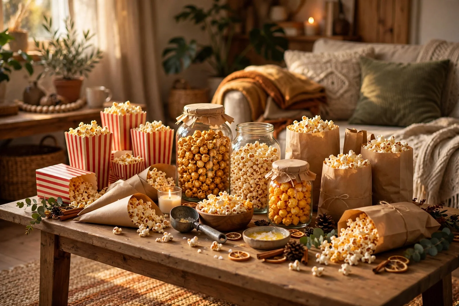 Festive popcorn bar table with striped boxes, paper cones, jars and bags of popcorn in warm colours