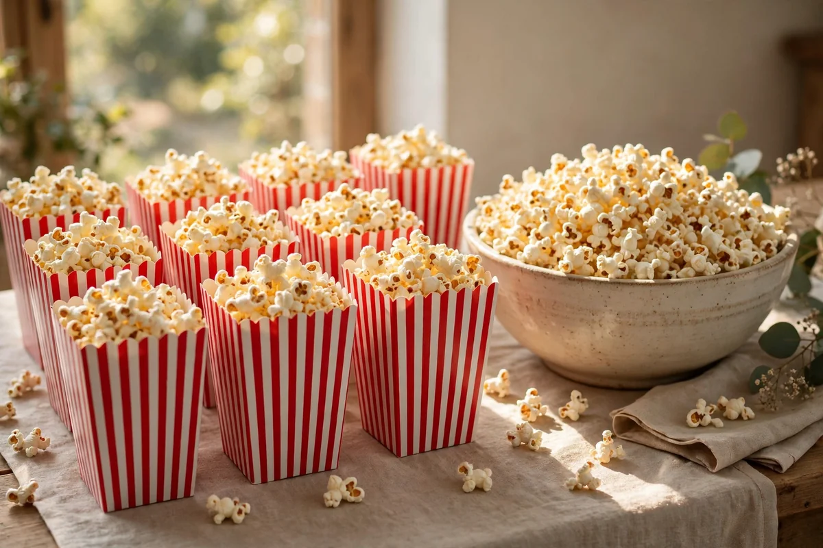 Rows of striped open popcorn boxes filled with fresh popcorn on a party table
