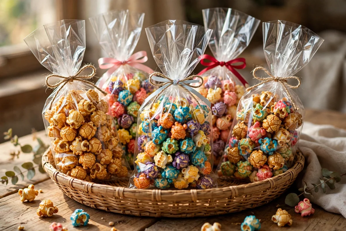 Clear cellophane bags of colourful popcorn tied with ribbons standing in a basket