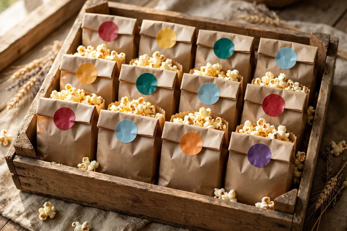 Kraft paper bags with folded sticker-sealed tops arranged in rows in a wooden crate