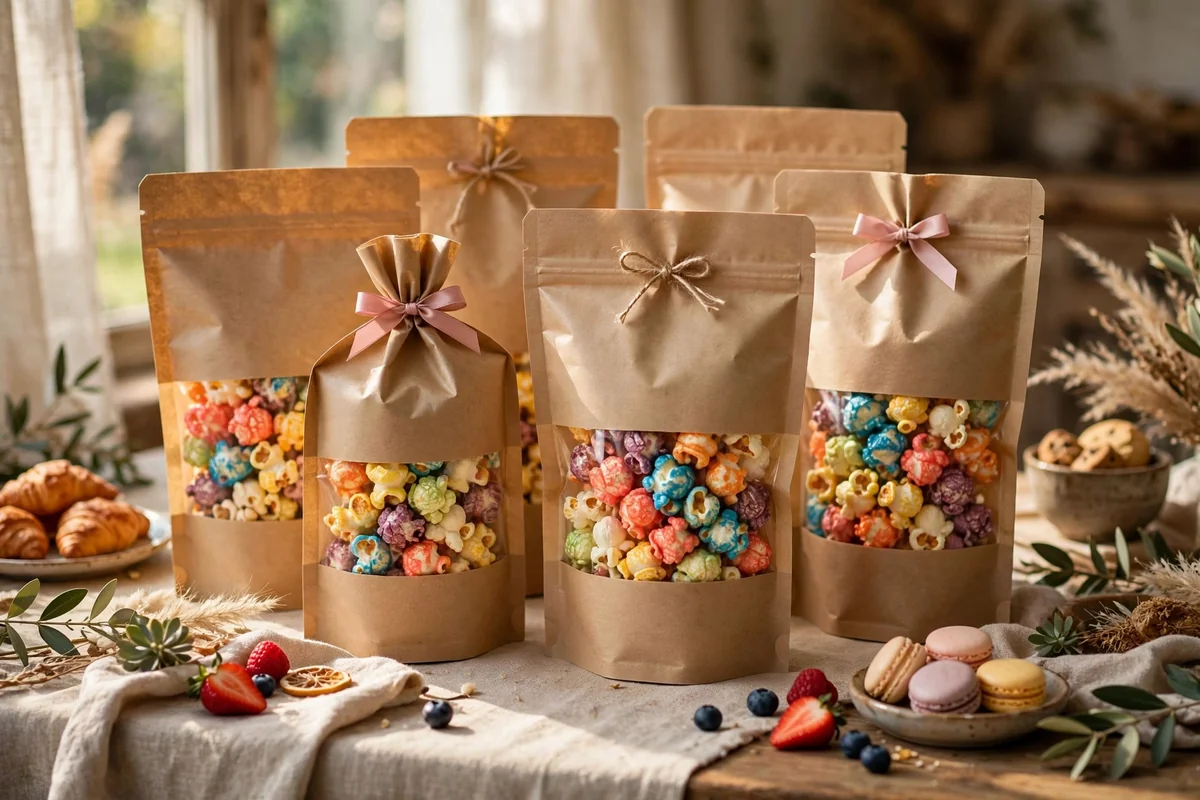 Stand-up kraft pouches with clear windows showing colourful popcorn inside