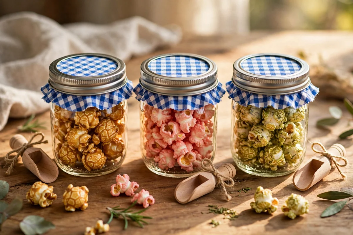 Mini mason jars of flavoured popcorn with gingham fabric-topped lids and wooden scoops