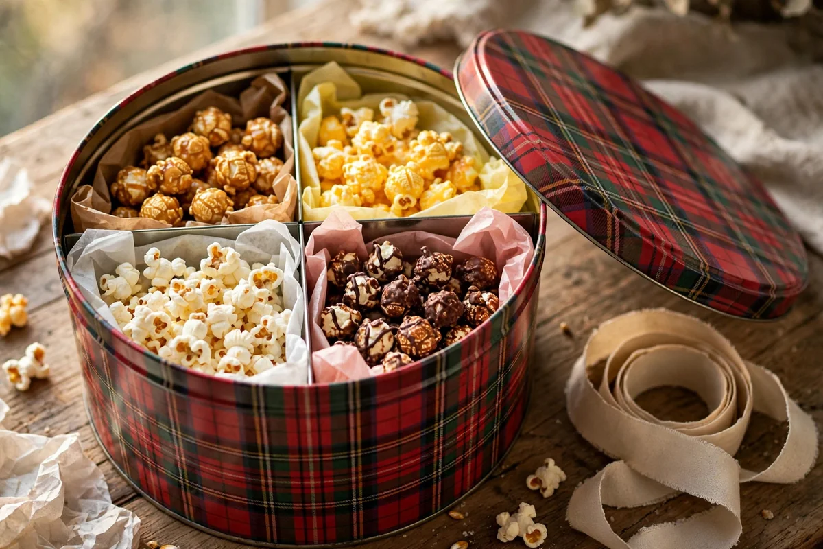 Large plaid metal popcorn tin divided into sections of different flavours