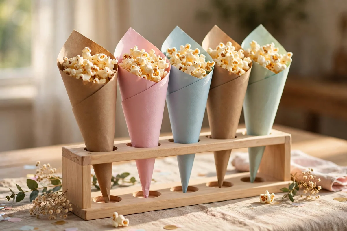 Paper cones of popcorn standing in a slotted wooden cone holder on a party table
