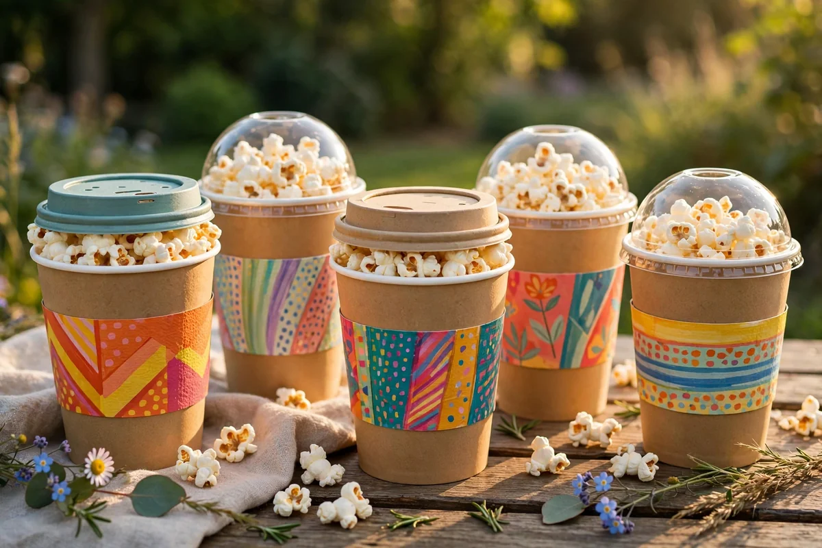 Wide paper cups with fitted lids filled with popcorn on a picnic table