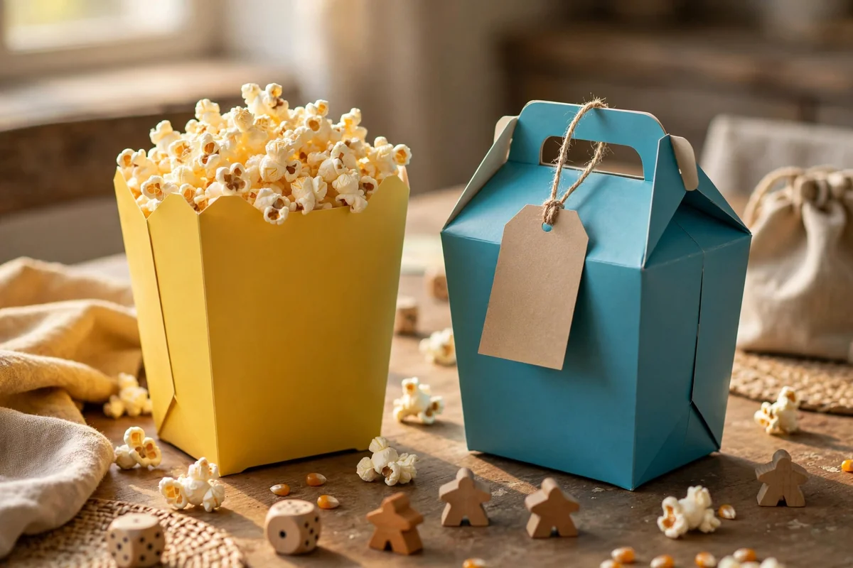 Takeaway-style folded paper cartons in solid colours filled with popcorn on a table
