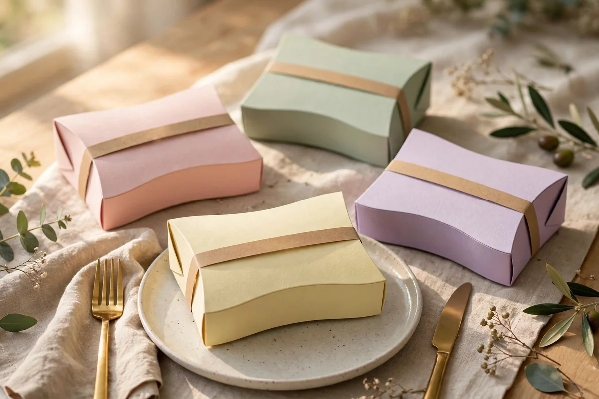 Pastel pillow boxes with narrow paper bands arranged on an elegant place setting