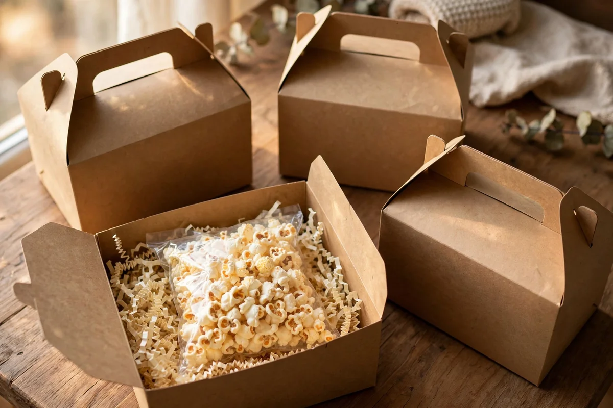 Kraft gable boxes with handles arranged as movie night gift sets