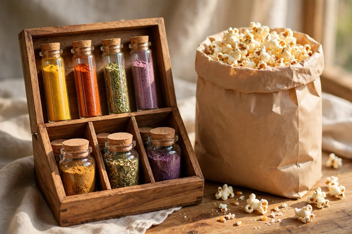 Seasoning gift set with glass tubes of colourful dry seasonings beside a bag of popcorn