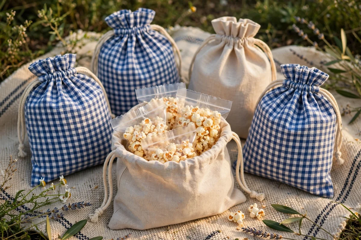 Fabric drawstring pouches in gingham and linen holding sealed bags of popcorn