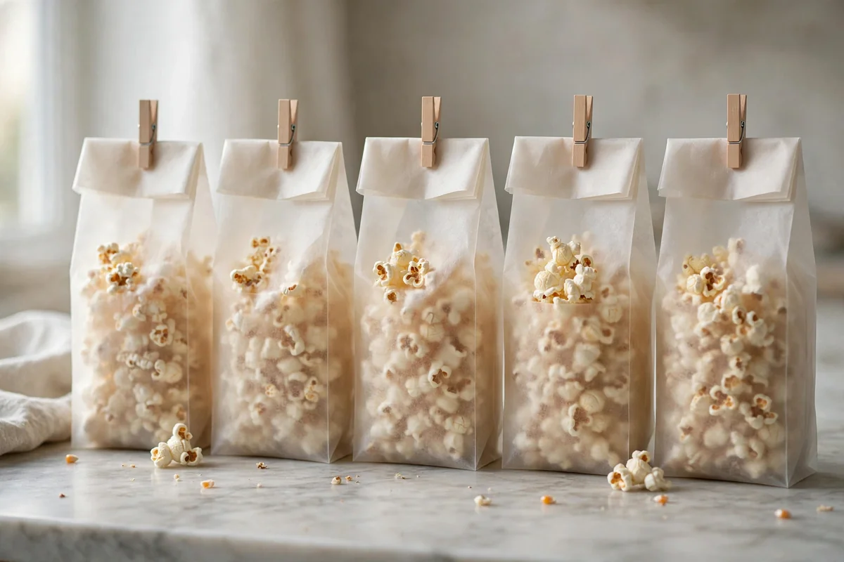 Matte glassine bags of popcorn folded and closed with small wooden pegs
