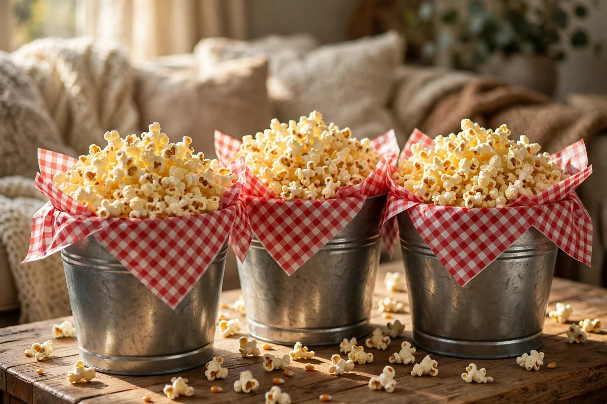 Large popcorn buckets lined with gingham paper on a movie night coffee table