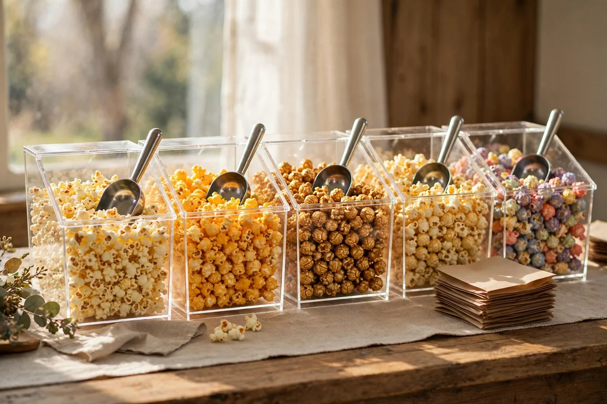 Self-serve popcorn bar with clear scoop bins of different flavours and stacked bags