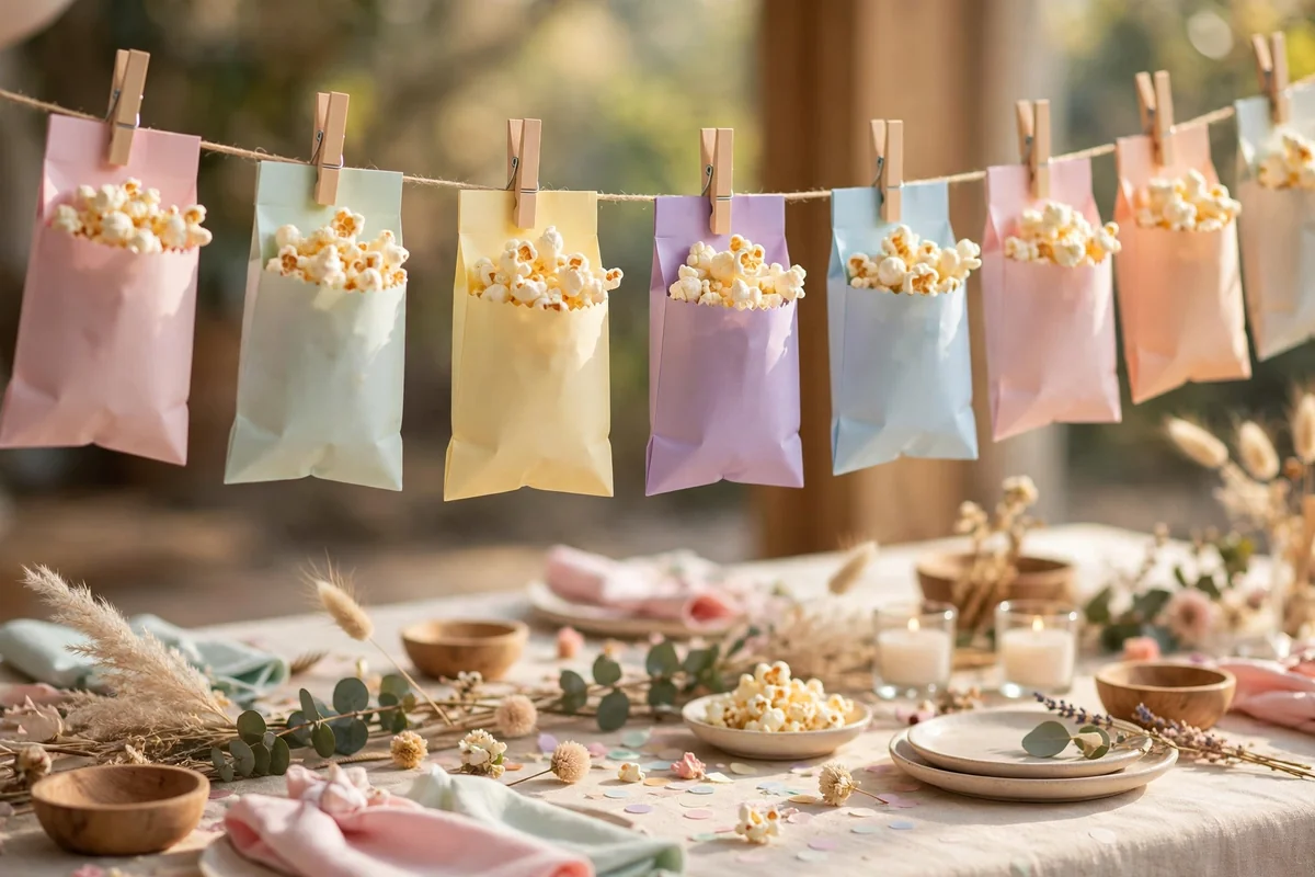 Tiny popcorn favour bags clipped along a string display line above a party table