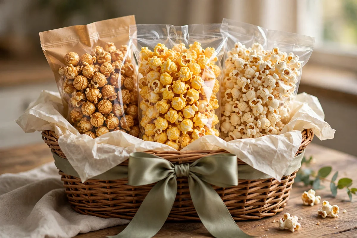 Gift basket lined with tissue holding three sealed bags of different popcorn flavours
