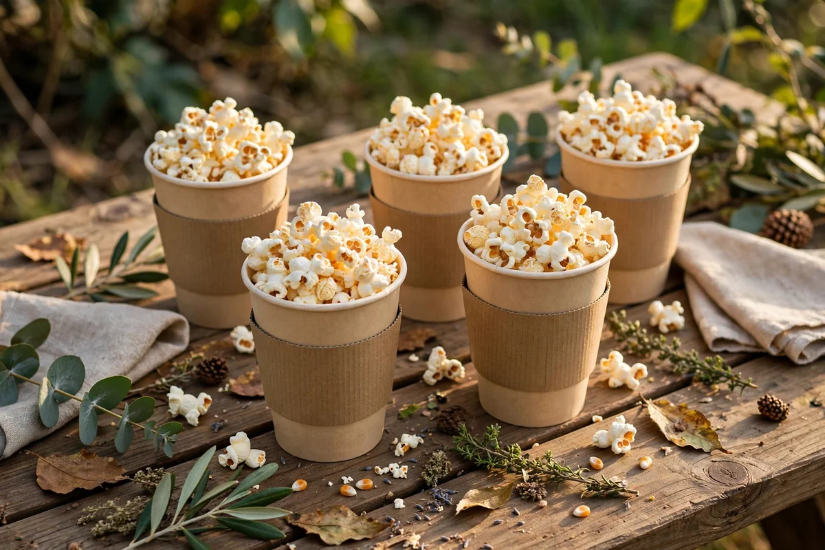Compostable cups with kraft sleeves filled with popcorn on an outdoor party table