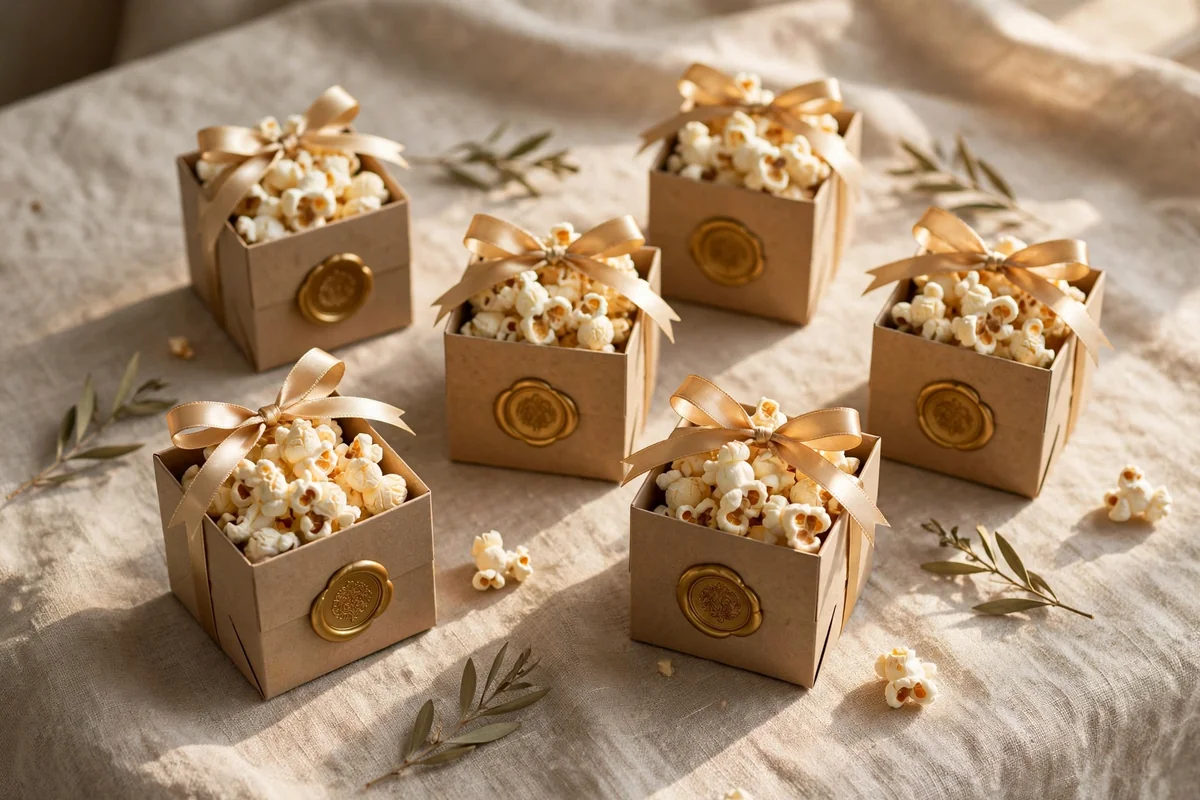 Small favour boxes finished with gold wax seals and ribbon ties on linen