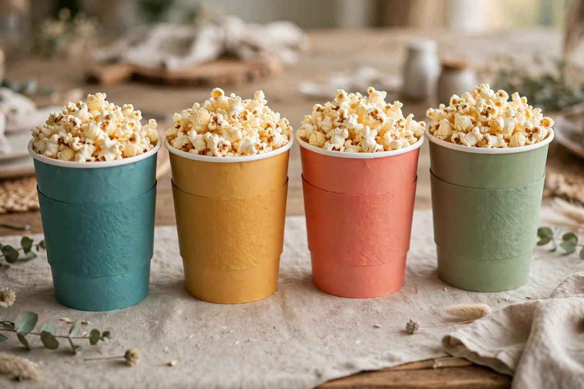 Plain tub servings of popcorn wrapped with colourful patterned paper sleeve bands