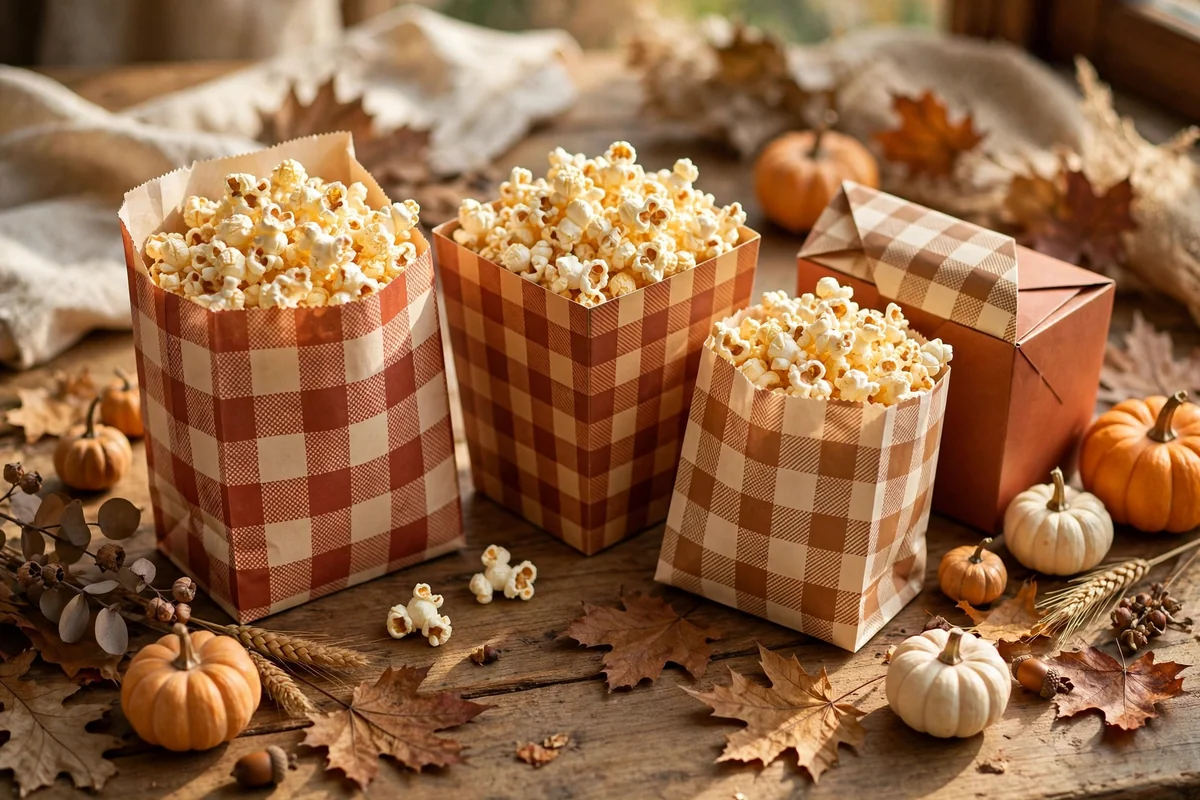 Autumn popcorn packaging in plaid and harvest tones with pumpkins and dried leaves