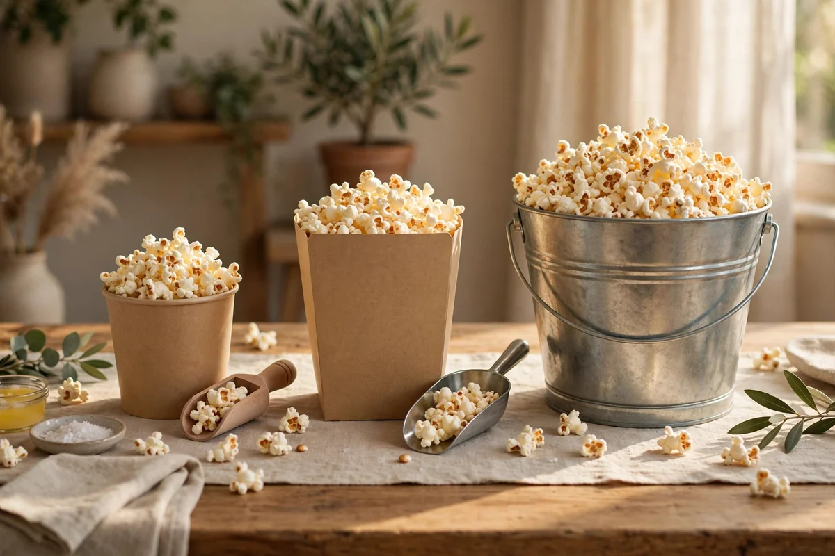 Popcorn serving station with small cups, medium boxes and a large sharing bucket side by side