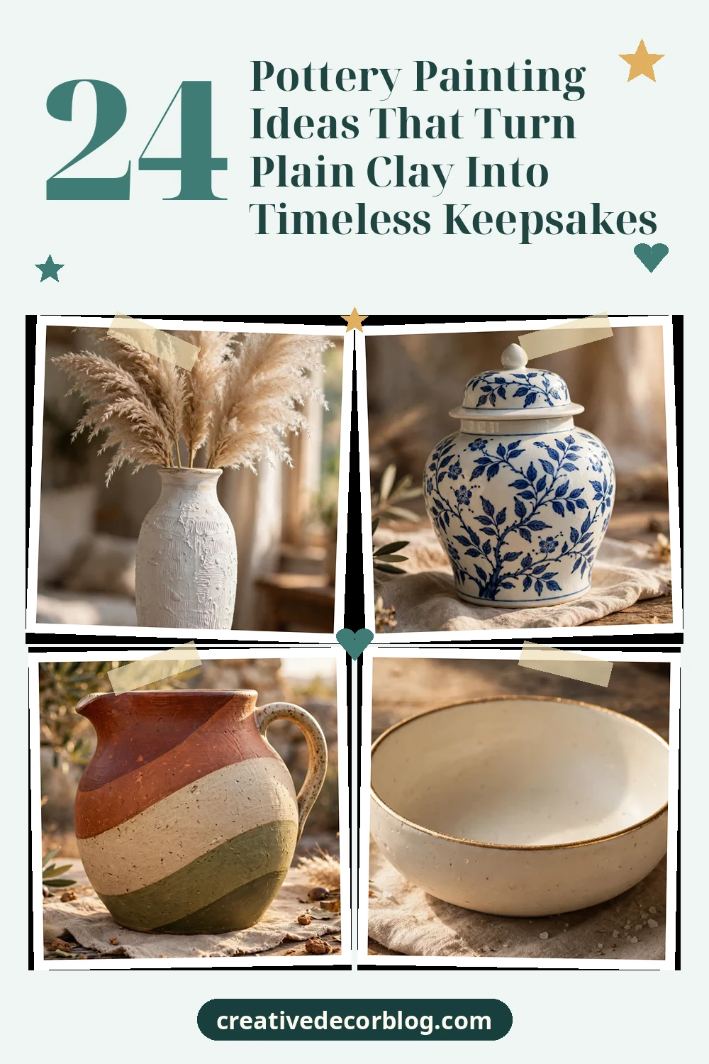 Pinterest pin with a grid of hand painted pottery and the title 24 Pottery Painting Ideas That Turn Plain Clay Into Timeless Keepsakes