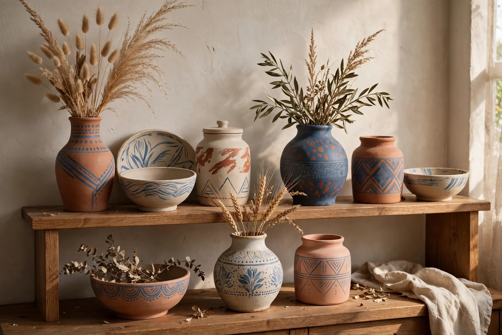 Shelf of hand painted pottery vases, jars and bowls in neutral, blue and terracotta designs with dried grasses