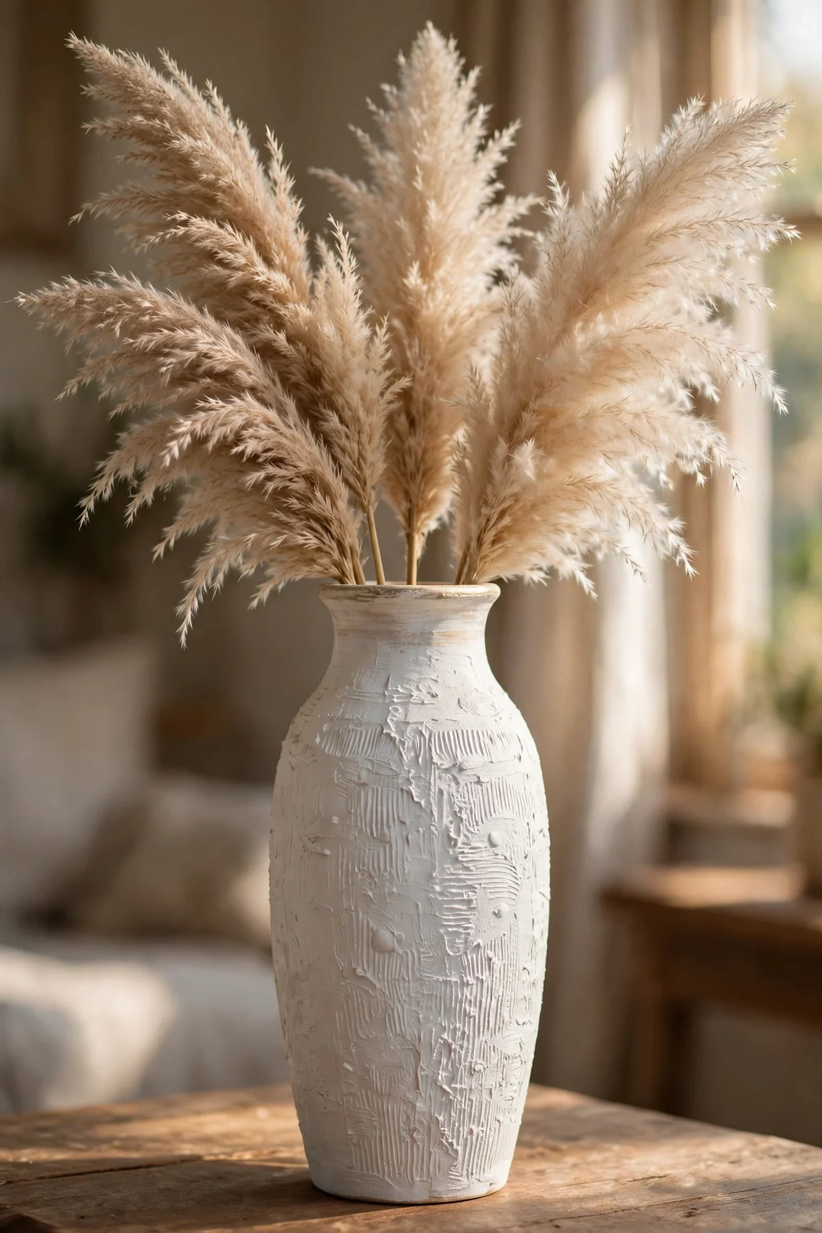 Tall vase painted chalky matte white with raised texture and pampas grass